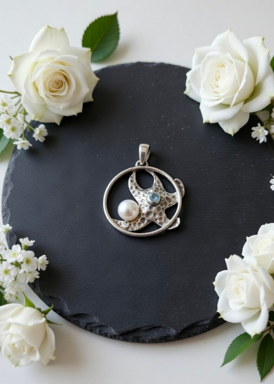 Pendant "Starfish" with Topaz and Pearl
