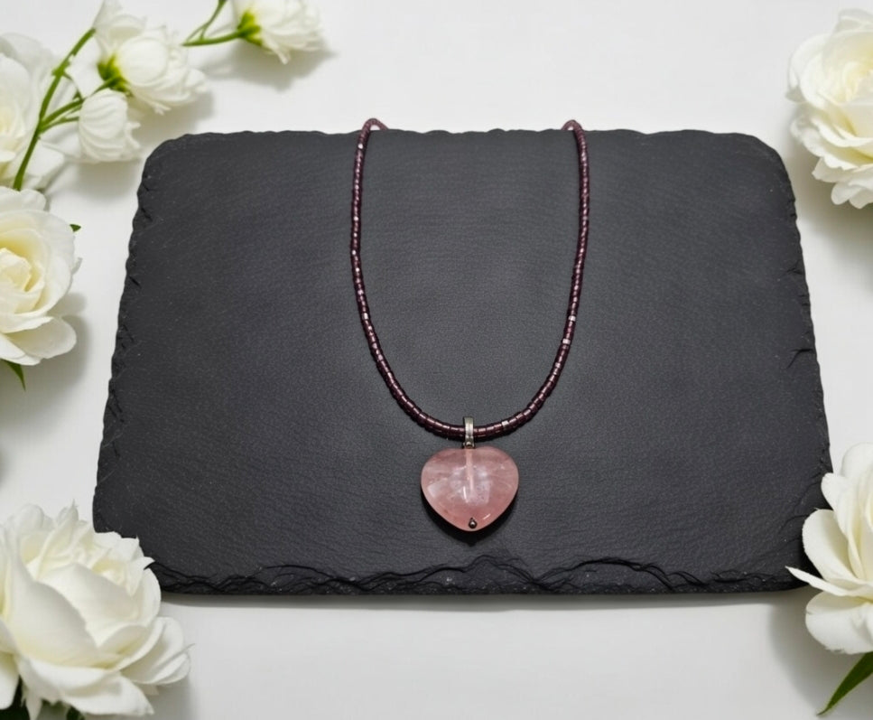 Beaded necklace with Strawberry quartz pendant