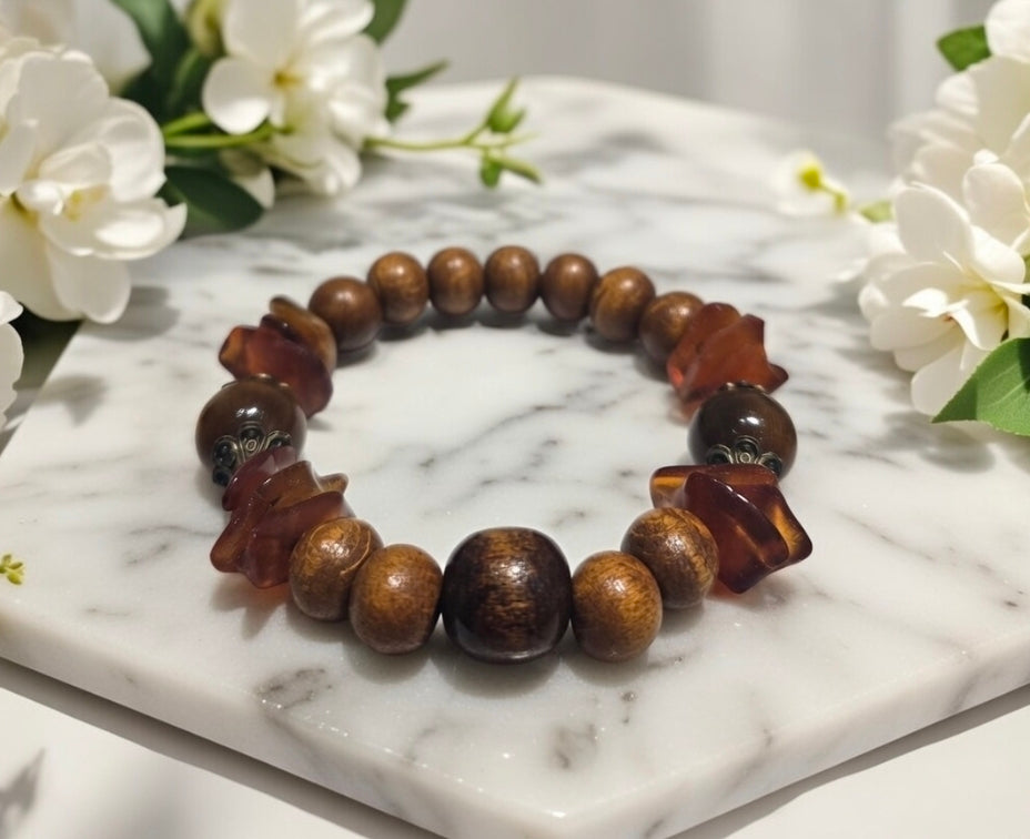 Bracelet of Wood & Amber & Tiger eye