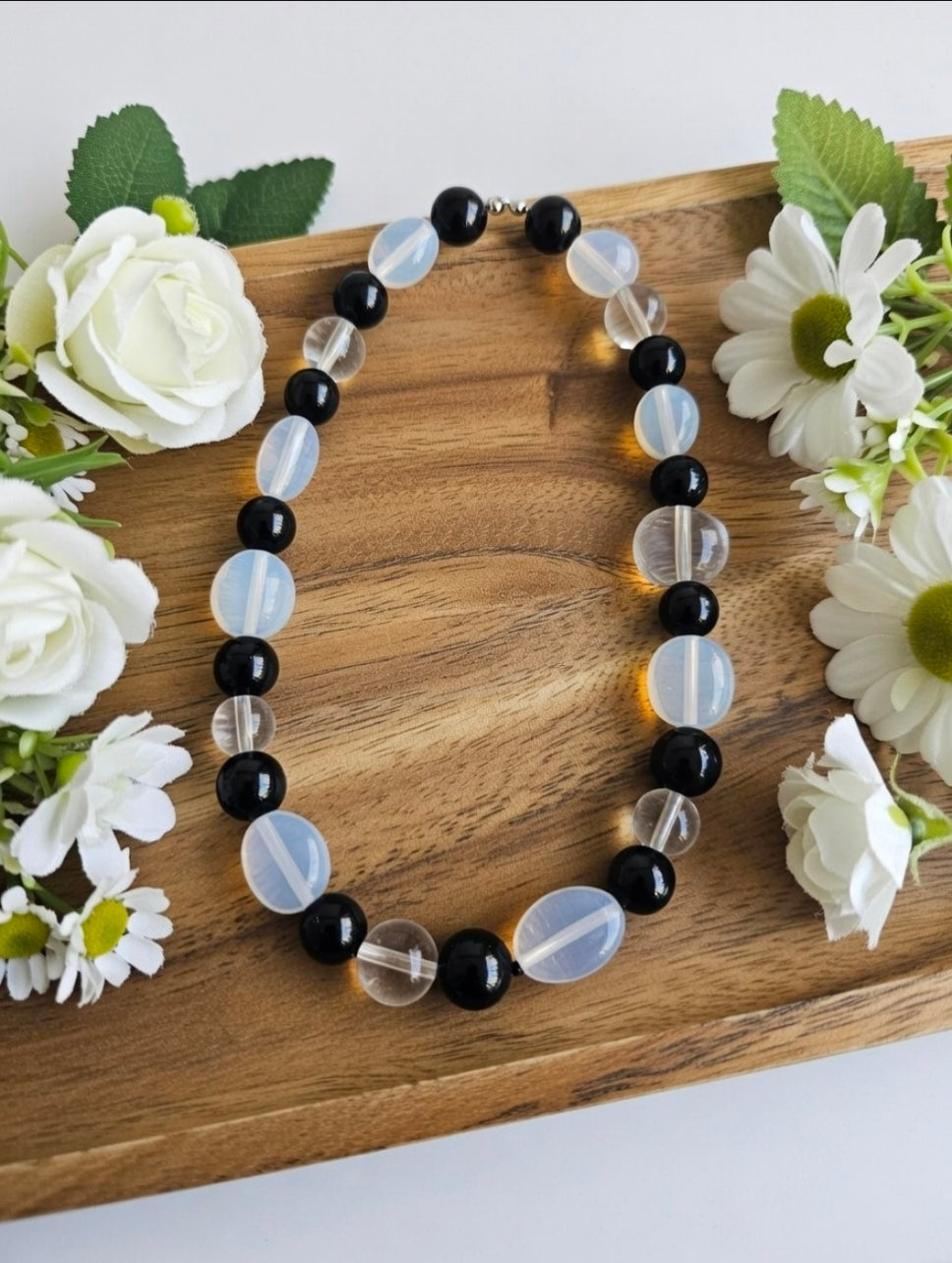 Opalite & Aventurine glass & Rock Crystal necklace